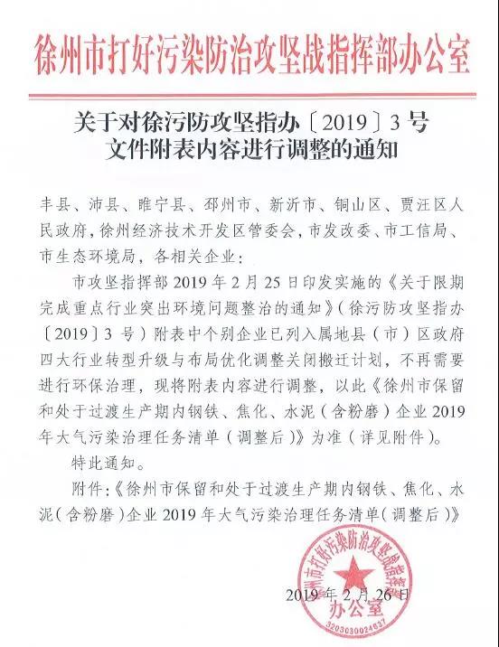 《徐州處于保留和過渡期內(nèi)鋼鐵、水泥、焦化企業(yè)2019年大氣污染治理任務(wù)清單》